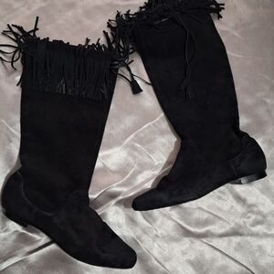 Calvin Klein Black Suede Over-the-Knee Fringe Boots